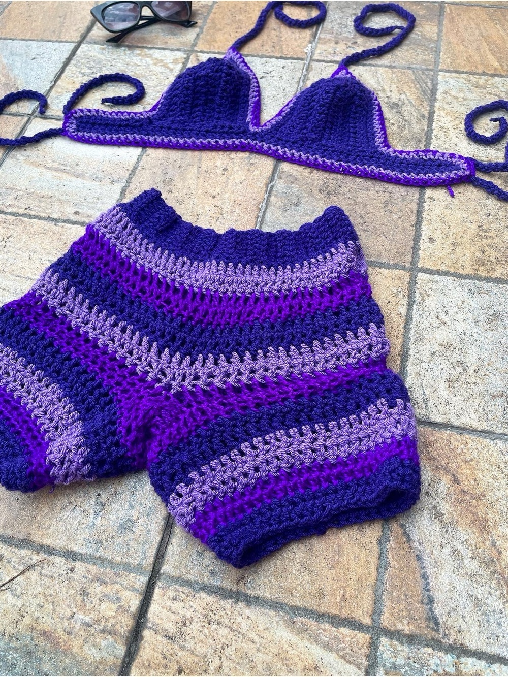 Handmade Crochet Purple Ombré Bikini Top & Fitted Shorts Set | Waffle Mesh | M